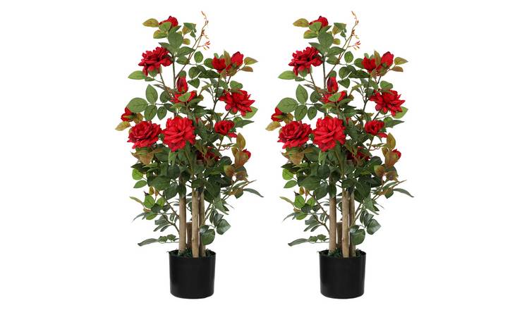HOMCOM Set of 2 3FT Artificial Rose Tree with 344 Leaves and 17 Flowers - Red