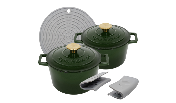 Argon Tableware Round Cast Iron Casserole Dishes - Green - Set of 2