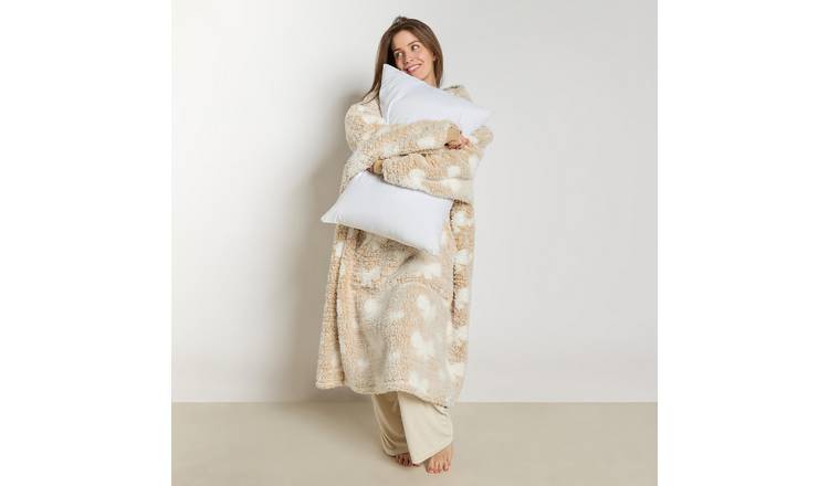 OHS Bow Print Teddy Marl Hoodie Blanket - Extra Long - Beige