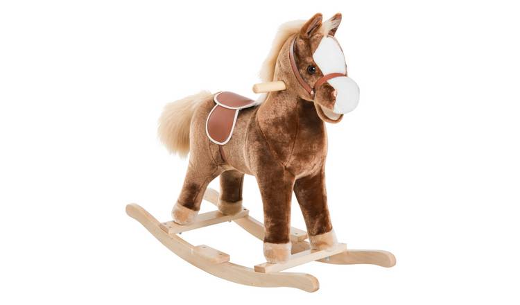 HOMCOM Plush Wooden Base Handle Grip Kids Rocking Horse - Brown
