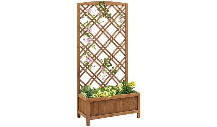 Outsunny Wooden Garden Planters with Lattice Trellis - Brown
