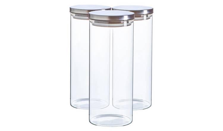 Argon Tableware Glass Storage Jars with Metal Lids - Silver - Set of 3