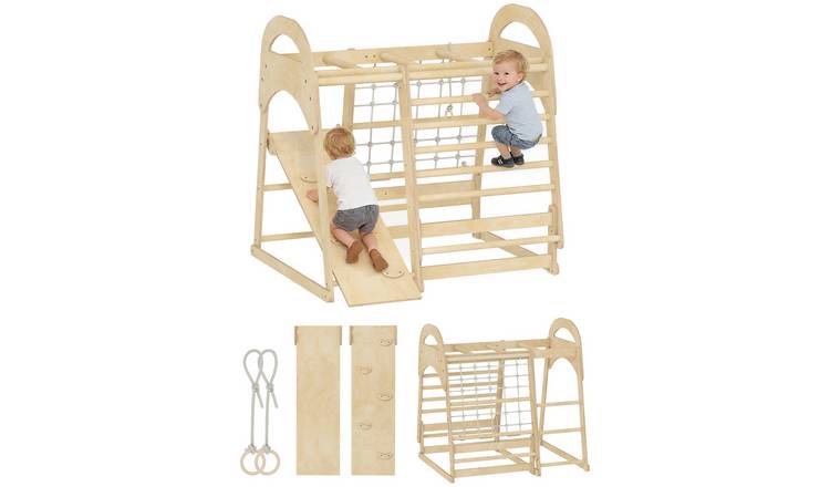 AIYAPLAY 6 in 1 Slide Rings Ladder Climbing Net Kids Climbing Frame - Natural