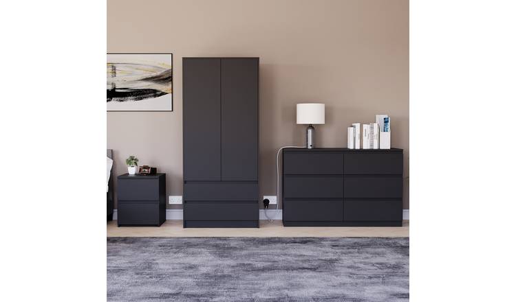 Vida Designs Denver Bedroom Set (Bedside, 6 Drawer Chest, 2x2 Wardrobe) - Black