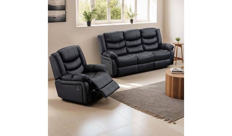 Furniture Online Seattle Manual Recliner Leather 1+3 Seater Sofa Set - Black