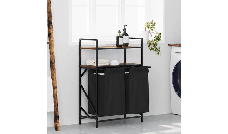 Walplus Laundry Basket 2 Compartment with Shelves - Smoked Oak - 67 x 33 x 97 cm