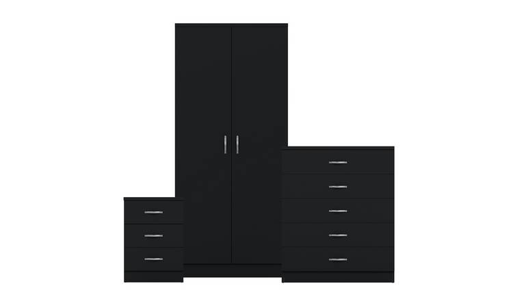 Vida Designs Riano Bedroom Set (Bedside, 5 Drawer Chest, 2 Door Wardrobe)- Black