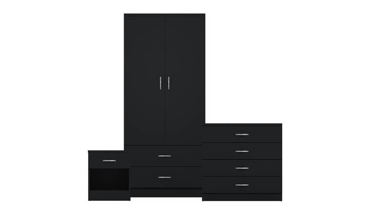 Vida Designs Riano Bedroom Set (Bedside, 4 Drawer Chest, 2x2 Wardrobe) - Black