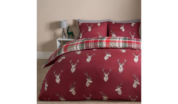 OHS Stag Duvet Cover Check Bedding Set Christmas Winter Red - Double