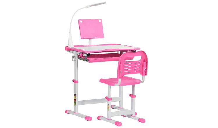 HOMCOM Height Adjustable Tiltable Lamp Drawer Kids Desk Chair Set - Pink