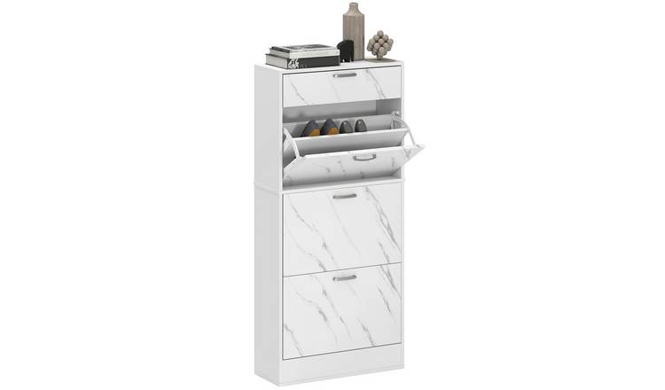 HOMCOM Marble Shoe Storage Cabinet with 3 Flip Drawers - White