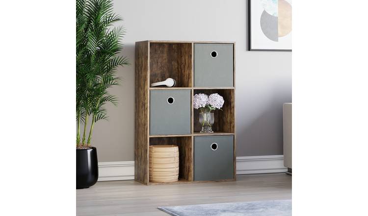 Vida Designs Durham 6 Cube Tall Storage Unit with 3 Grey Baskets - Dark Brown