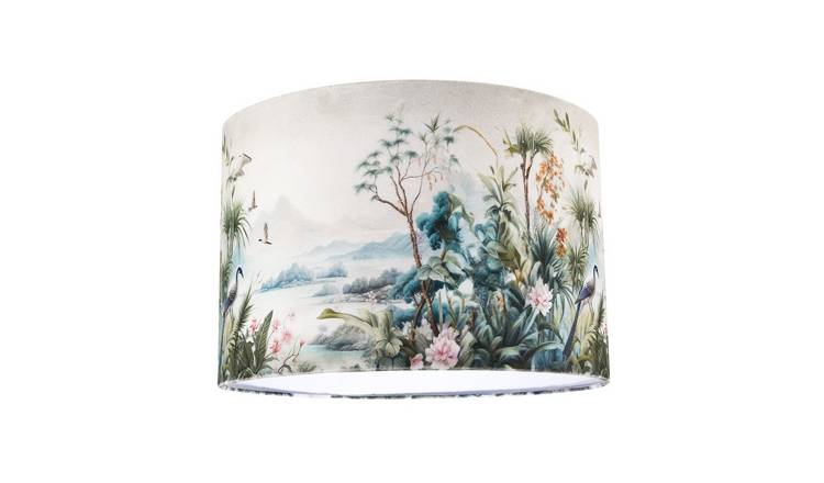Happy Homewares Jungle and Mountain Velvet Fabric with Pink Lampshade - 30cm