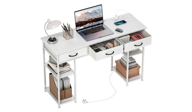 HOMCOM Industrial Computer Desk with Power Outlets - White