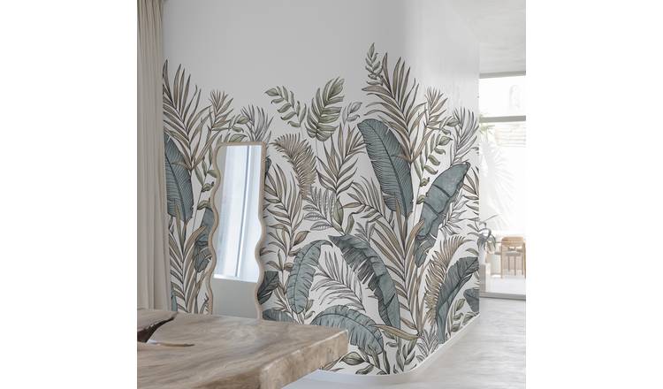 Grandeco Calobra Botanical Leaf 3 Lane Repeatable Wallpaper Mural   - Green