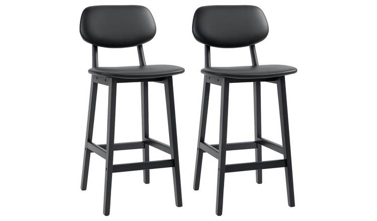 HOMCOM Set of 2 Bar Stools PU Leather with Backs and Solid Wood Legs - Black