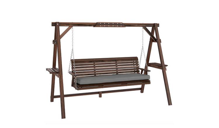 Outsunny 3 Seater Wooden Cushioned Garden Swing Seat – Carbonised Brown