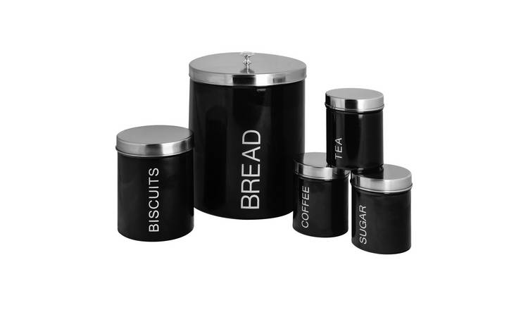 Harbour Housewares 5 Piece Round Metal Kitchen Canisters Set - Black