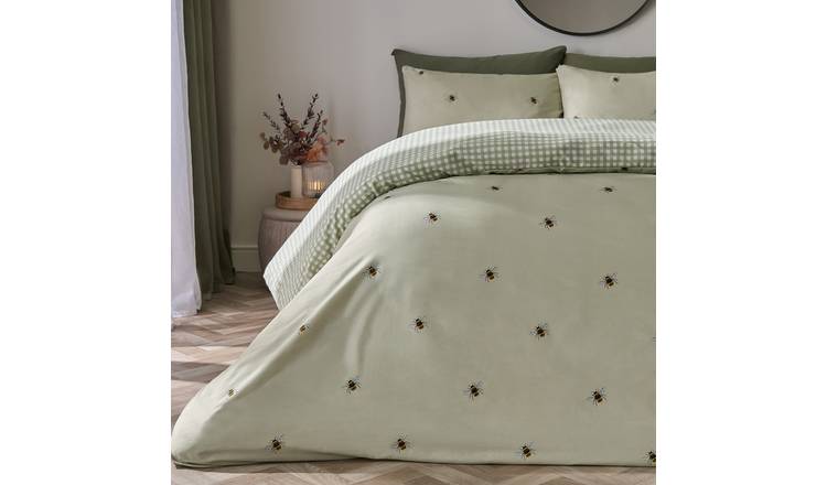 OHS Bee Gingham Reversible Bedding Set Duvet Cover Set Sage - Double