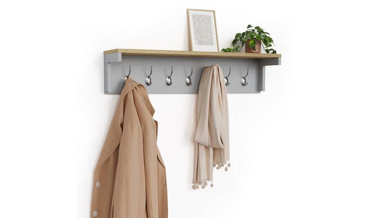 Vonhaus Ash Hall Coat Hooks and Shelf Wall Mounted - Grey