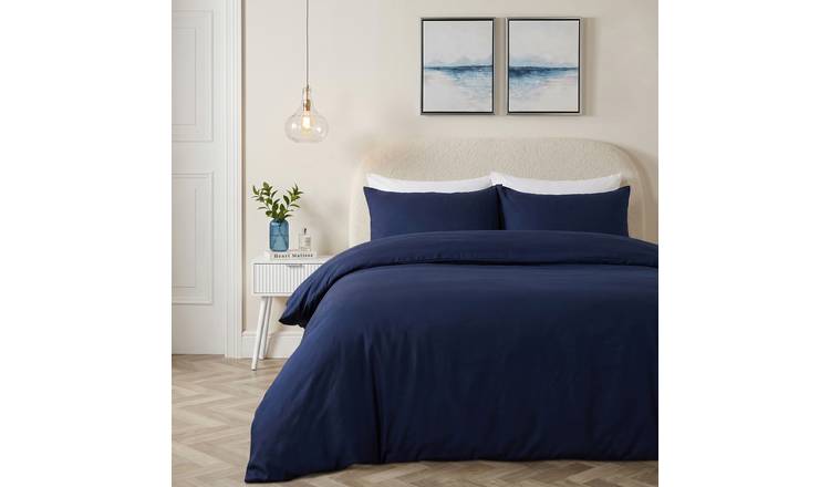 OHS Plain Dyed Microfibre Duvet Cover Set Bedding Navy - King