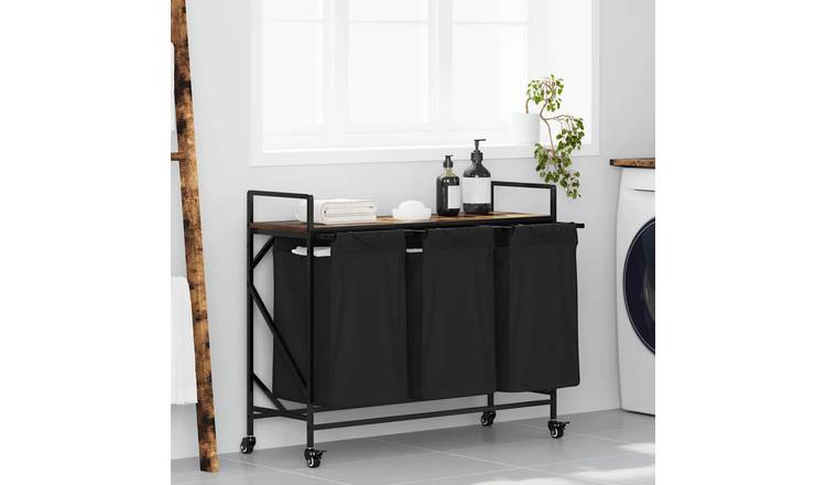 Walplus Laundry Basket 3 Compartments with Wheels - Smoked Oak - 99 x 33 x 82 cm