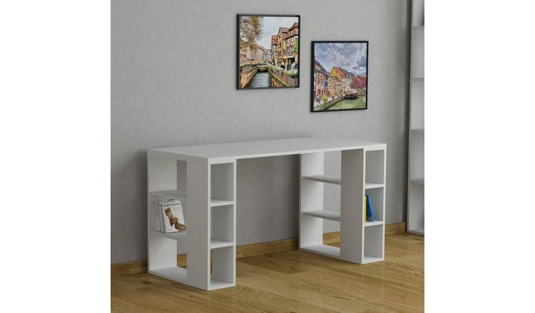 Decortie Colmar Wood-Effect Particleboard Desk with Open Storage Shelves - White