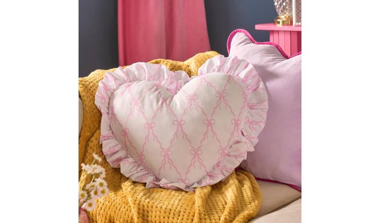 OHS Bow Print Frill Heart Shaped Cushion - Pink - 40cm