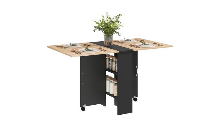 HOMCOM Folding Dining Table with 2-Tier Shelves for 4-6 People - Oak and Black