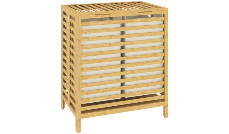 HOMCOM 64L Double Bamboo Folding Lidded 2 Liner Laundry Basket – Natural