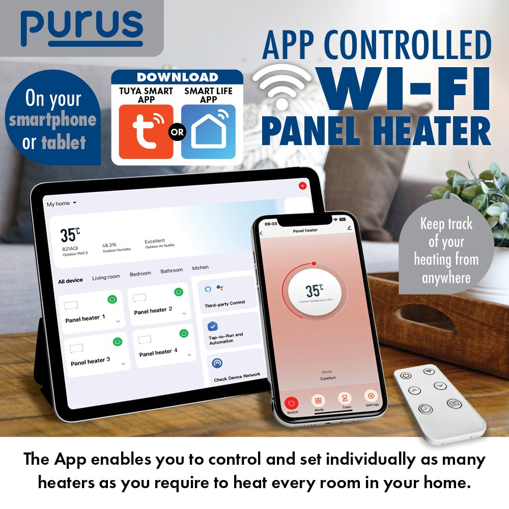 Purus 1200W Smart WiFi Electric Panel Heater - White - Image 2