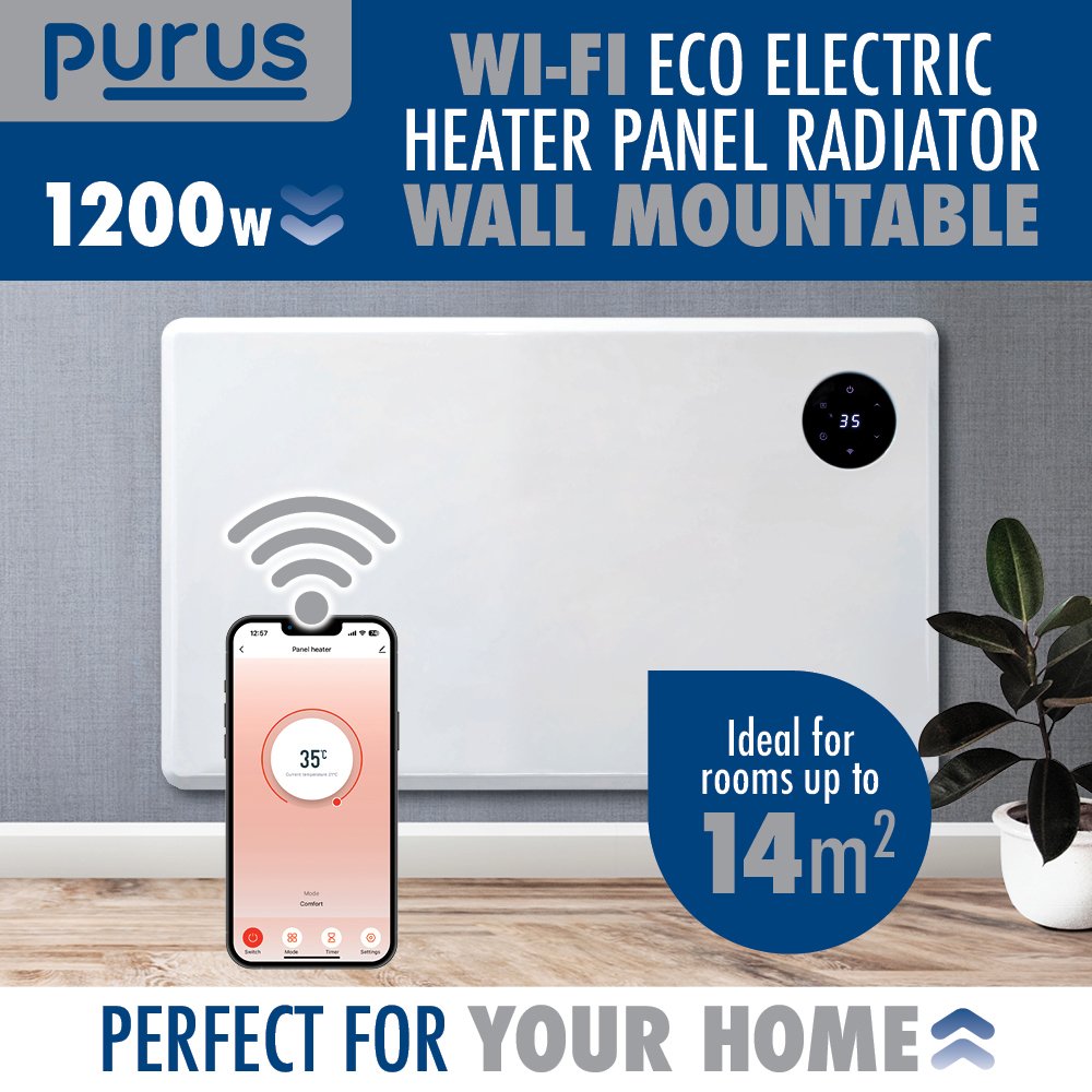 Purus 1200W Smart WiFi Electric Panel Heater - White - Image 3