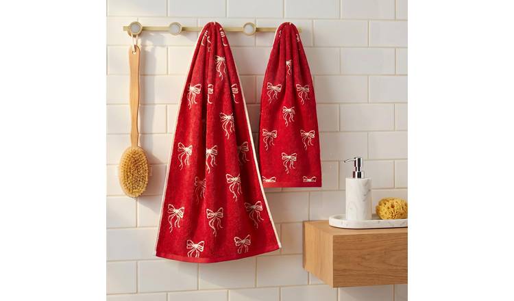 OHS Bows Pure Cotton Hand Towel - 50 x 80cm - Red