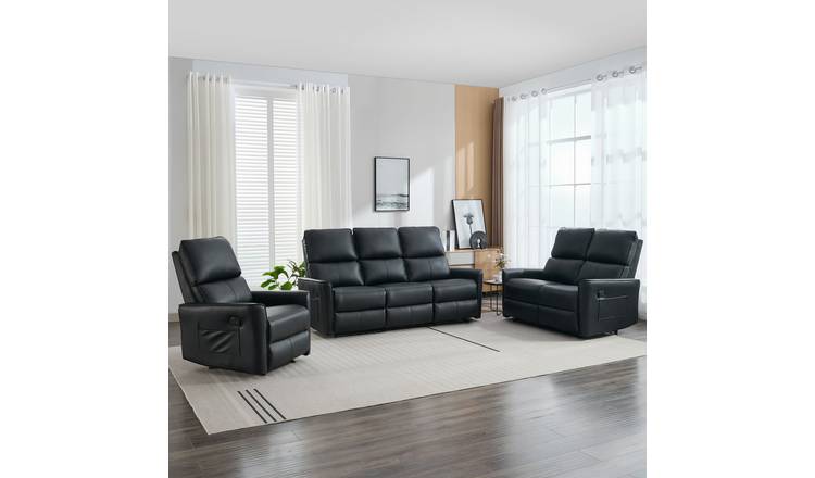 Furniture Online Madrid Manual Recliner Leather 1+2+3 Seater Sofa Set - Black