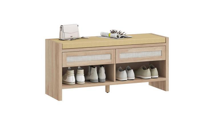 HOMCOM Shoe Bench with 2 Rattan Drawers and Linen-Look Seat - Oak Wood Effect
