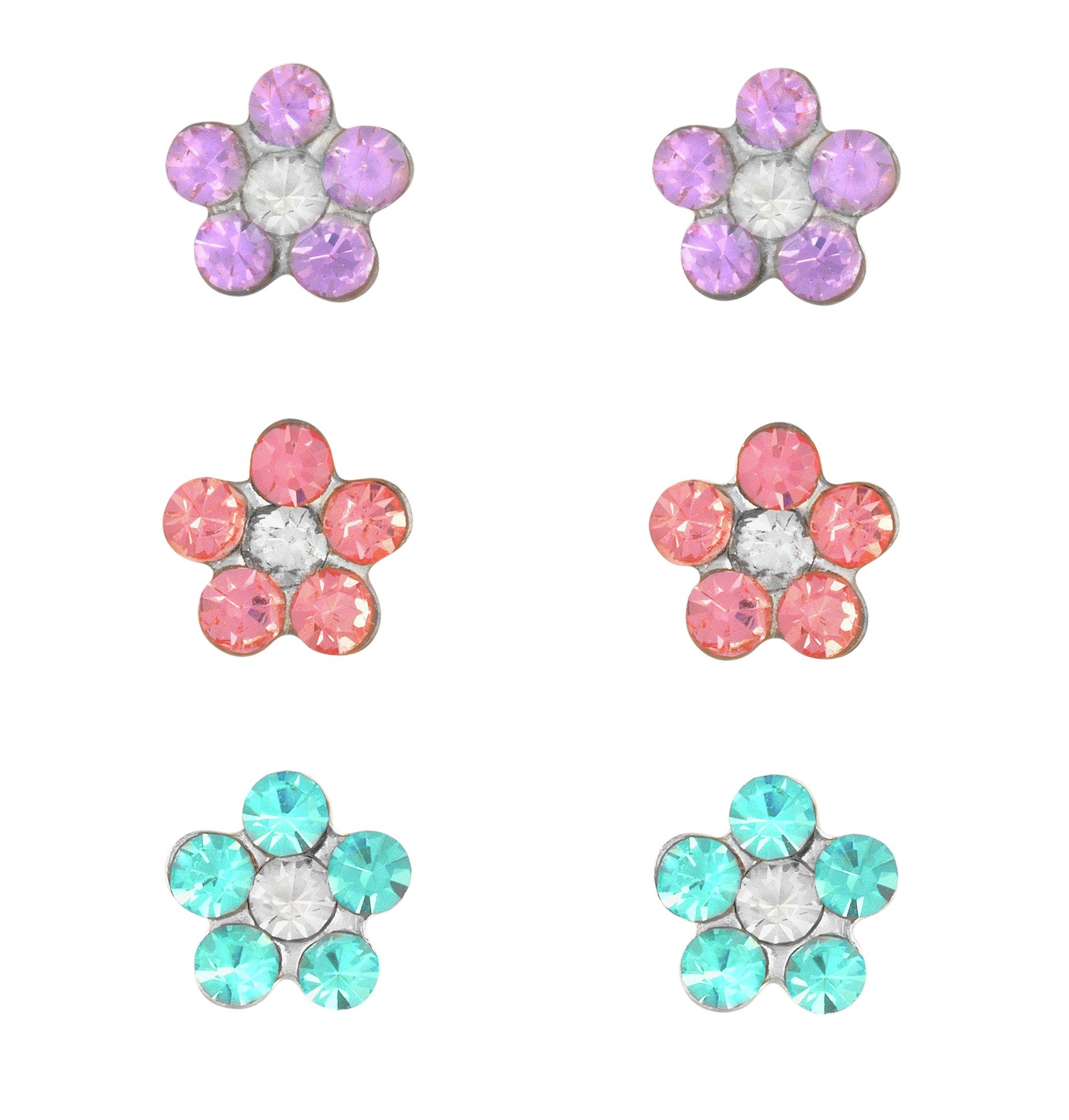 Revere Kid's Silver Crystal Flower Set of 3 Stud Earrings
