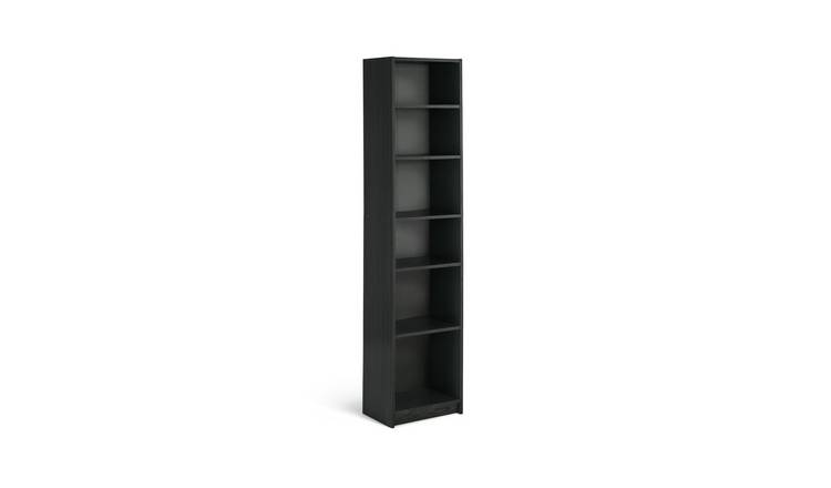 Narrow black store shelving unit