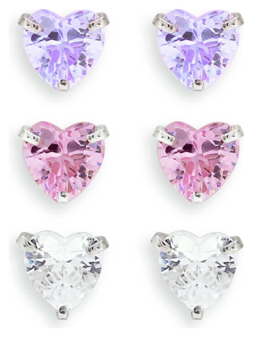 Revere Kids Sterling Silver Crystal Heart Earrings -Set of 3