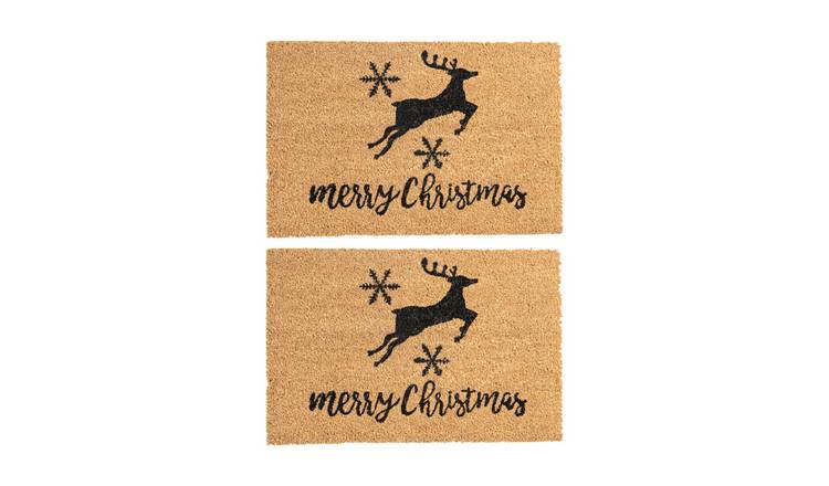 Nicola Spring Christmas Coir Door Mats - Reindeer - Pack of 2