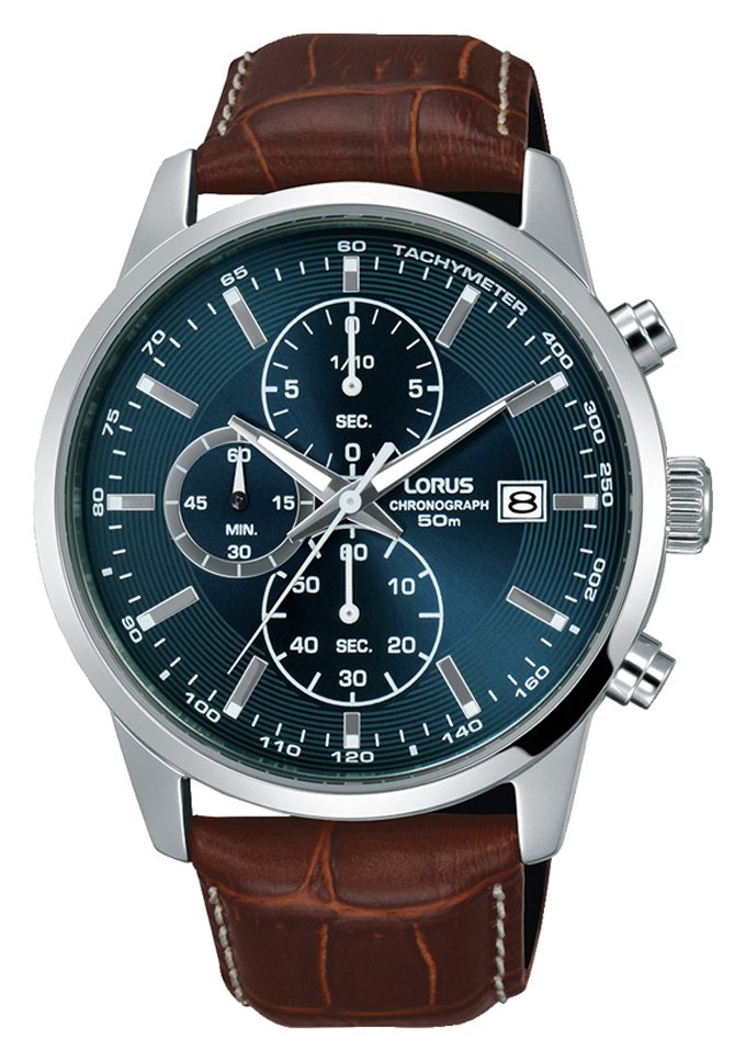 blue face brown leather watch