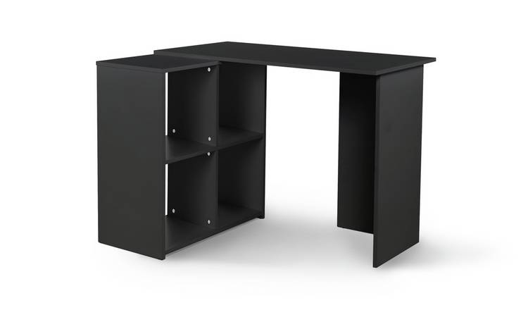 Black desks with deals shelves