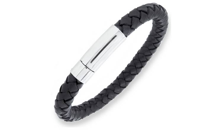 Buy Revere Men's Stainless Steel Leather Bracelet | Mens bracelets | Argos