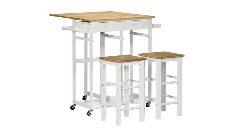 HOMCOM 3 Piece Rolling Bamboo Kitchen Island and 2 Stools Set - White