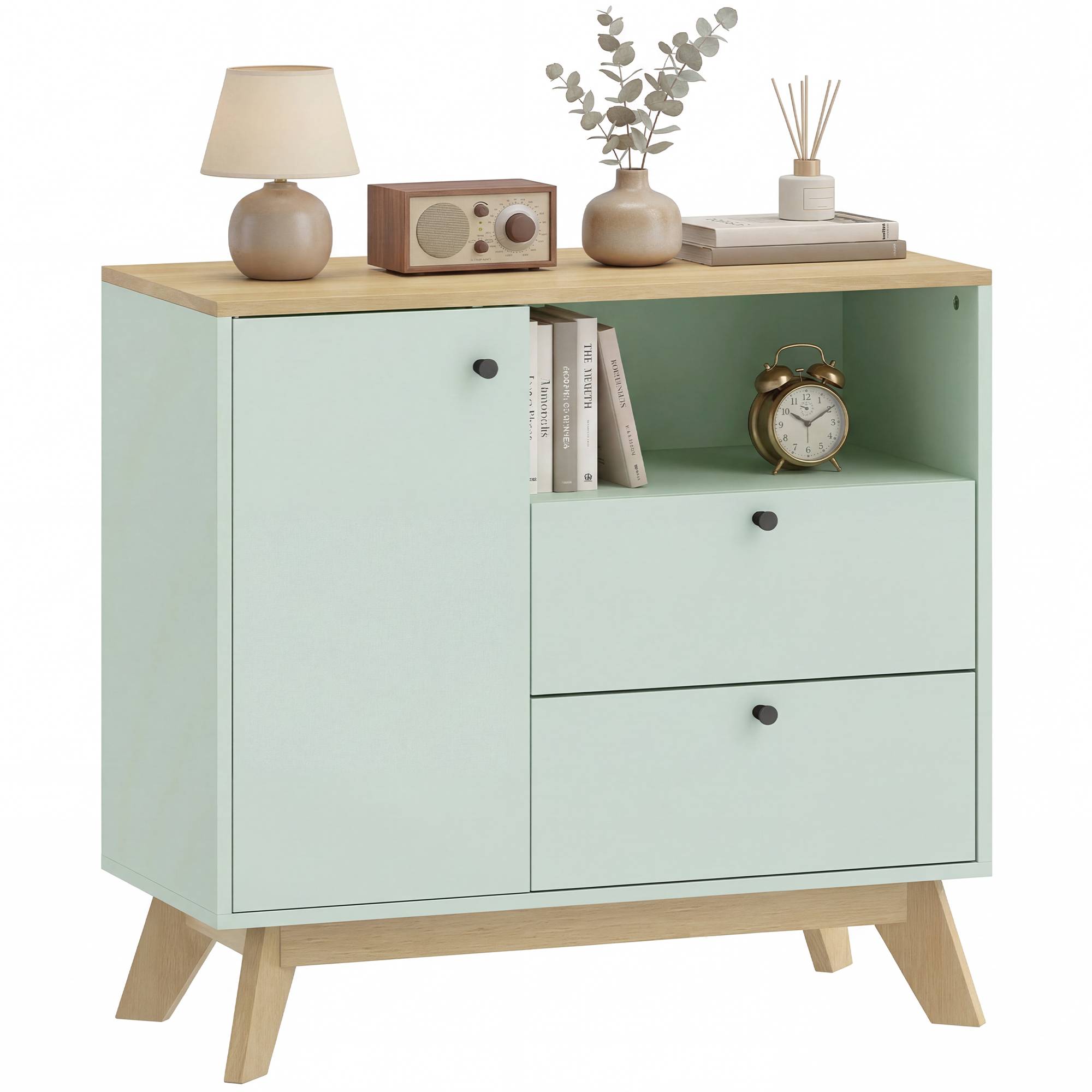 HOMCOM Modern Adjustable Storage Sideboard with 2 Drawers - Light Green and Oak - Image 1
