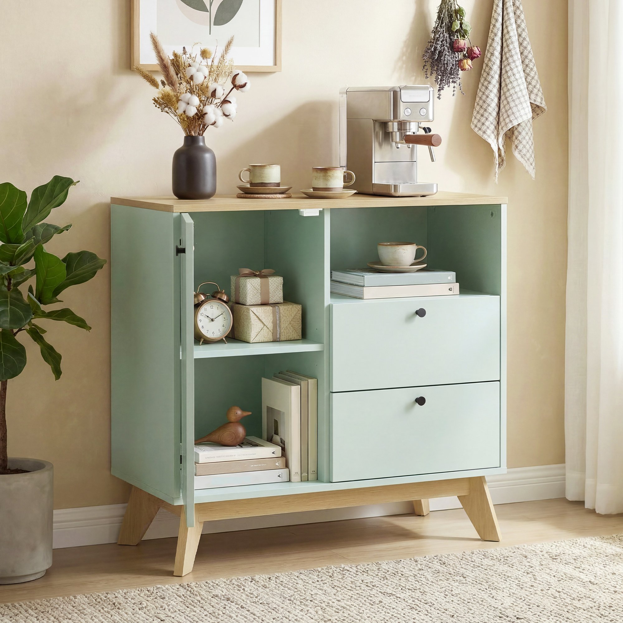 HOMCOM Modern Adjustable Storage Sideboard with 2 Drawers - Light Green and Oak - Image 3