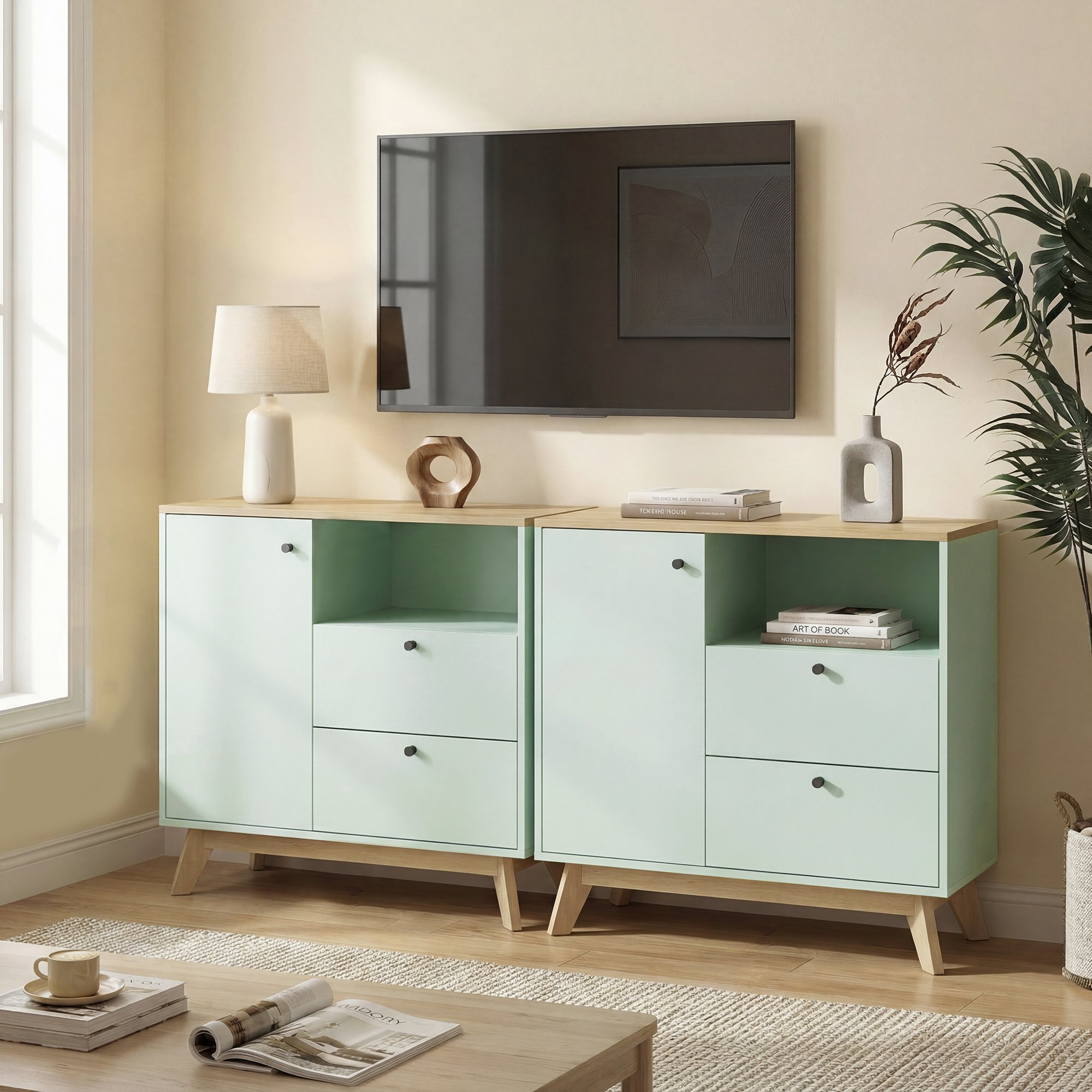 HOMCOM Modern Adjustable Storage Sideboard with 2 Drawers - Light Green and Oak - Image 4