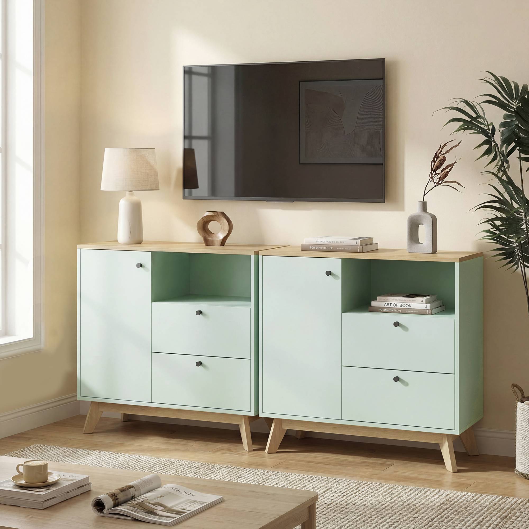 HOMCOM Modern Adjustable Storage Sideboard with 2 Drawers - Light Green and Oak - Image 4