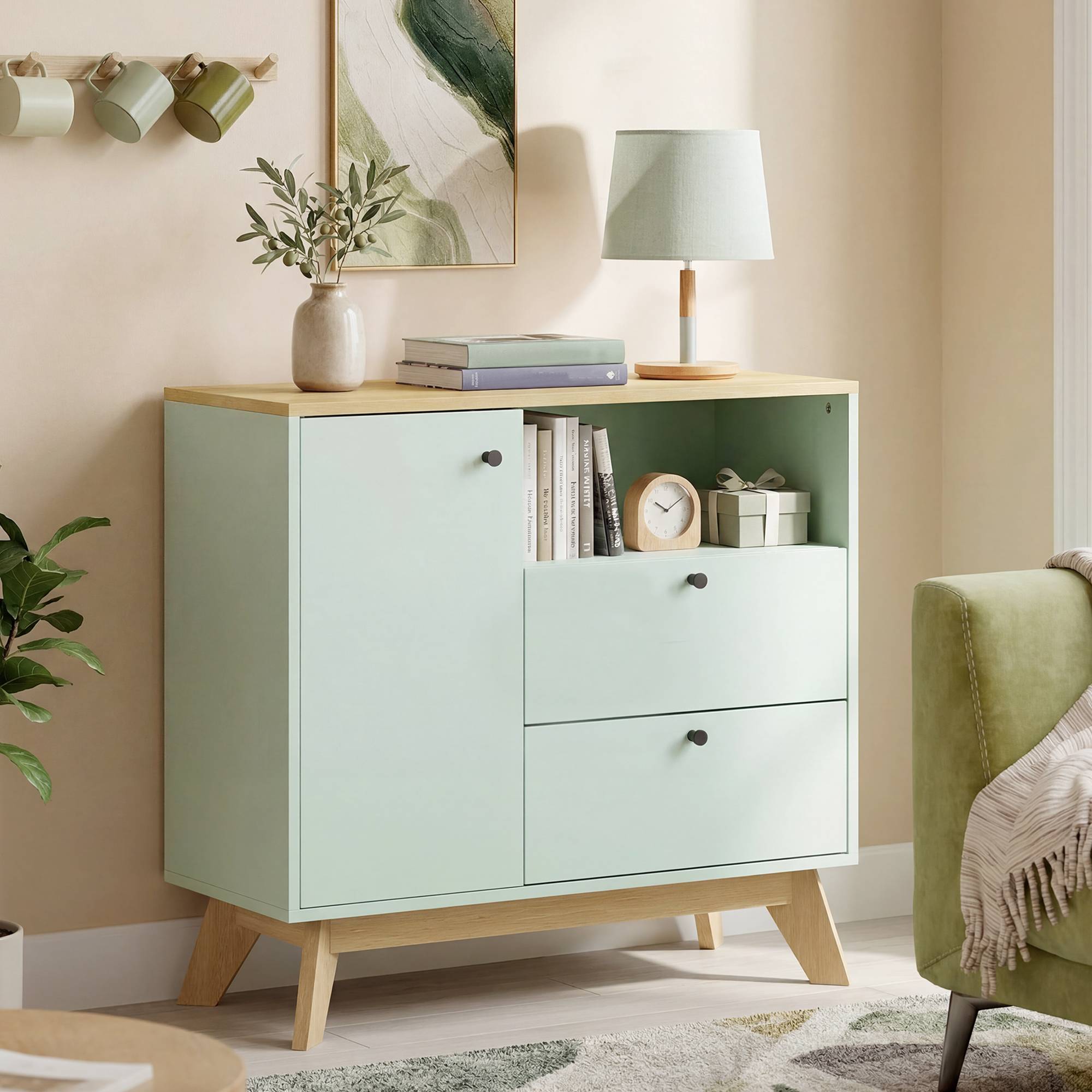 HOMCOM Modern Adjustable Storage Sideboard with 2 Drawers - Light Green and Oak - Image 5