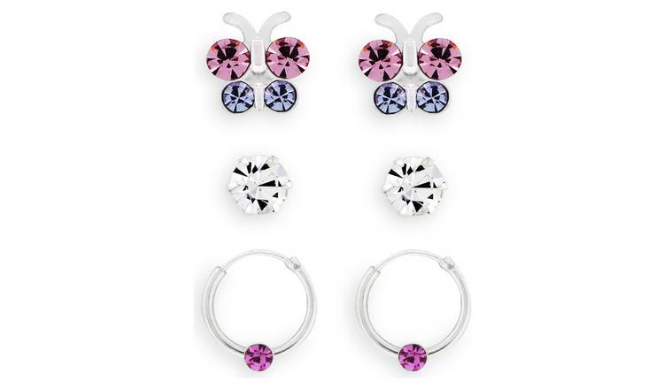 Revere Kids Butterfly Crystal Set Hoop Earrings Set of 3