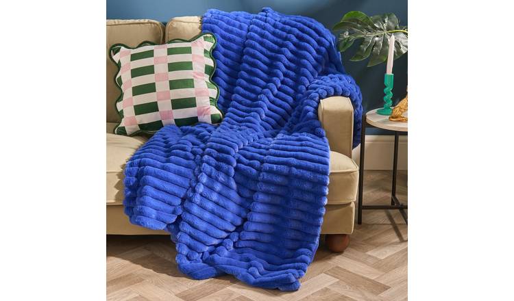 OHS Faux Fur Thick Rib Blanket Throw 125 x 150cm - Cobalt Blue